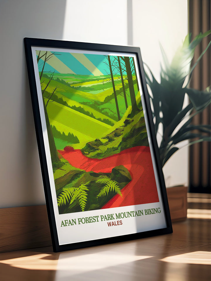 Afan Forest Park travel poster highlighting the Whites Level MTB Trail in South Wales. The artwork brings the rugged trails and natural beauty of South Wales into your home, ideal for cycling fans.