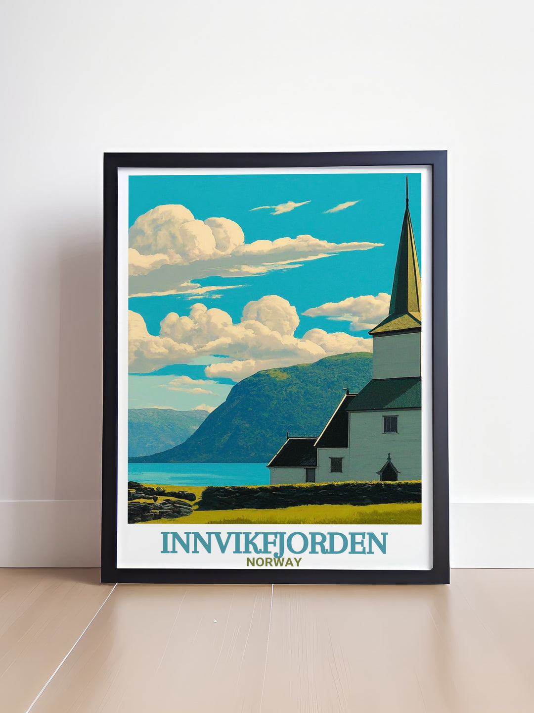 Stunning Innvik Church artwork capturing the peaceful fjord and scenic beauty of Norway nature ideal for home decor or gifts