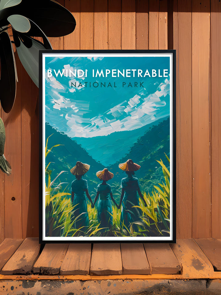 Featuring the unique culture of the Bwindi Community, this art print captures the traditional lifestyle and symbiotic relationship between the people and their forest home, adding a cultural touch to your decor.