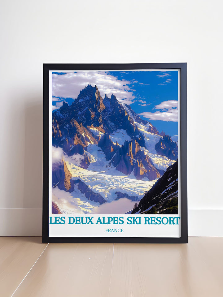 This detailed poster of Les Deux Alpes Ski Resort illustrates the expansive ski area and lively atmosphere, making it an excellent addition to any skiers art collection.