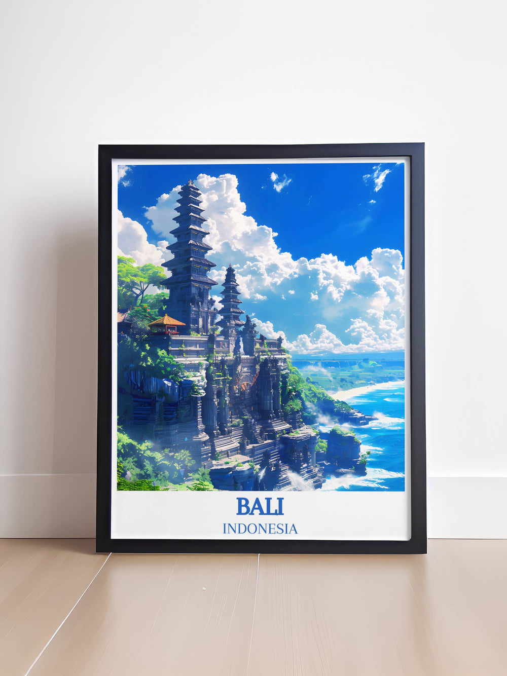 Tanah Lot Temple poster in black and white, highlighting the dramatic contours and spiritual essence of this iconic Bali landmark.