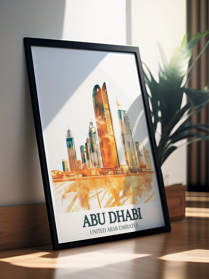 Striking poster featuring the Burj Mohammed Bin Rashid in Abu Dhabi. This print captures the towers grandeur and is ideal for adding a touch of elegance to your home decor. A wonderful gift for lovers of the United Emirates.