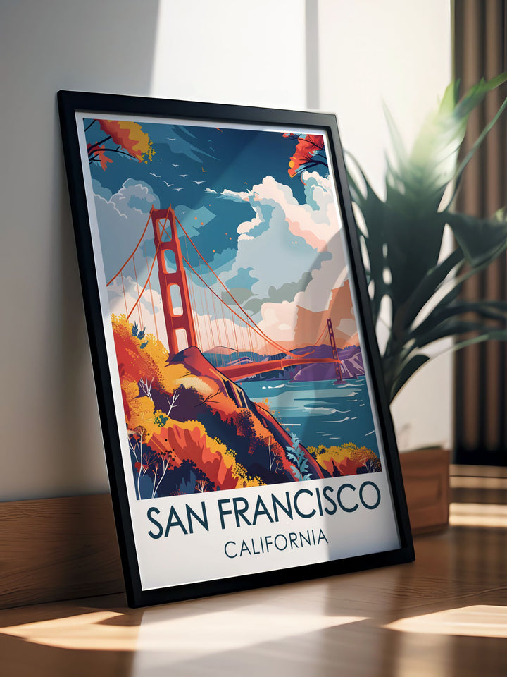 Experience the grandeur of Californias most famous bridge with this Golden Gate Bridge Framed Art. The poster showcases the iconic silhouette of the bridge, providing a dramatic visual addition to any space dedicated to travel or history lovers.