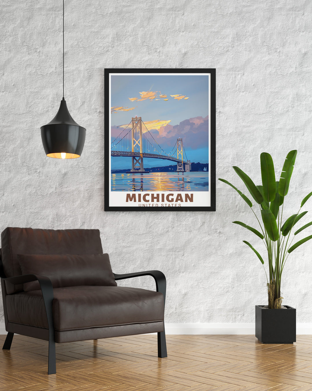 This vibrant Michigan poster print showcases the iconic Mackinac Bridge and the scenic Leelanau region, offering a stunning visual of Michigans landscapes. Perfect for any room, this USA canvas art adds a vintage touch, making it ideal for home or guest space décor. The travel poster captures Michigans timeless beauty.