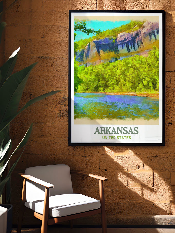 Stunning print of Buffalo National River, showcasing the vibrant colors and natural beauty of one of Arkansass most beloved landmarks. Perfect for enhancing your home decor with a piece of Arkansass wilderness heritage, this poster is both captivating and stylish.