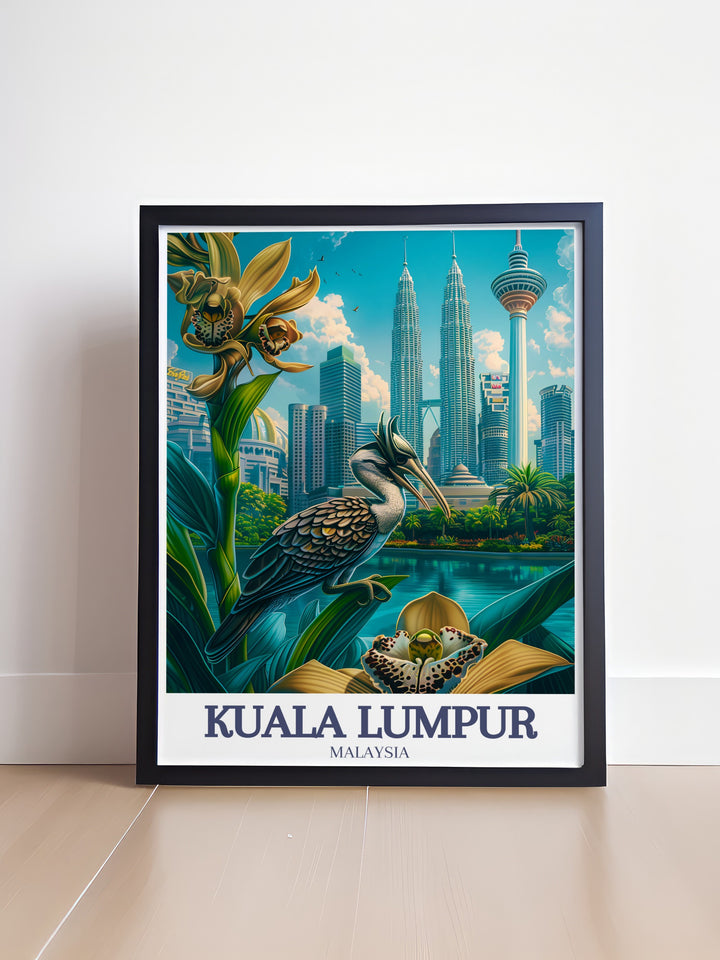 Petronas Twin Towers and Perdana Gardens framed art showcasing the iconic skyline of Kuala Lumpur alongside the serenity of its botanical gardens. This canvas art brings together Malaysias vibrant city life and its natural beauty, perfect for any modern home decor.