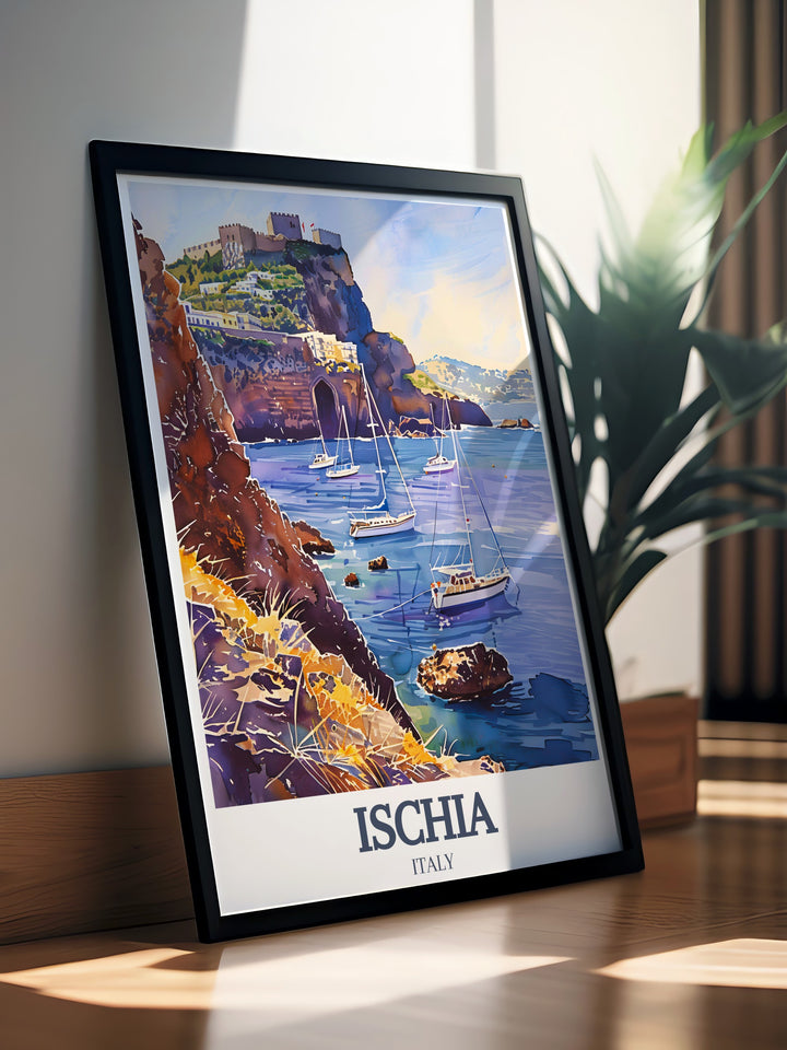 A colorful Ischia poster print, showcasing the islands iconic Aragonese Castle and the serene Maronti Beach. This travel print is perfect for adding a coastal touch to any room and makes a thoughtful gift for those who appreciate Italys historic beauty.