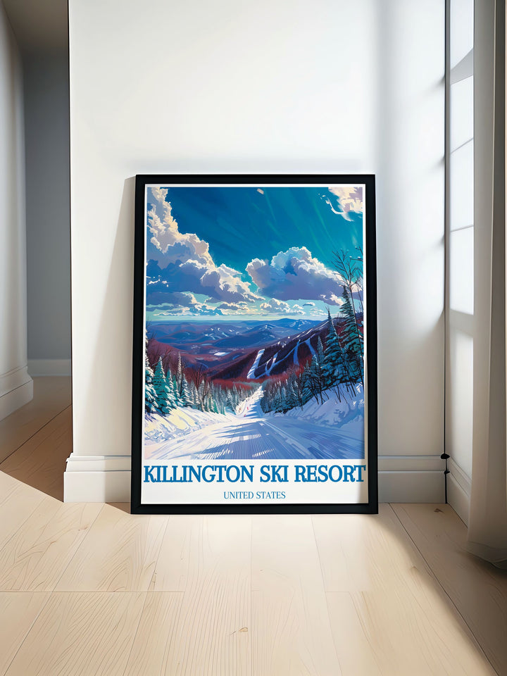 Majestic view of Killington Peak showcasing snow covered mountains and skiers enjoying the winter slopes. The artwork highlights the beauty of the alpine landscape and the excitement of skiing. Perfect for adding a touch of winter adventure and mountain charm to your home or office decor.