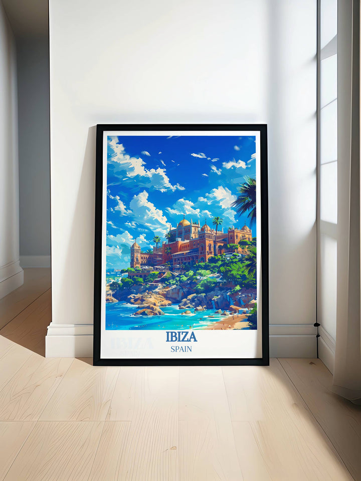 Pool Party Print featuring the vibrant nightlife of San Antonio Ibiza with a stunning view of Cala d Hort Beach perfect for enhancing your home decor with a touch of Ibizas dynamic energy and serene beach vibes