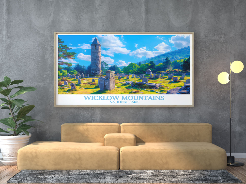 Beautiful home decor print capturing the historic and scenic charm of Glendalough in Wicklow Mountains National Park. This artwork brings the ancient monastic settlement and lush valley views into any room, ideal for history and nature lovers.