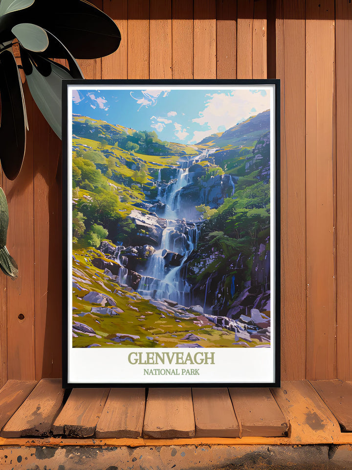Framed art print of Glenveagh Waterfall, highlighting its mystical allure and serene setting, making it an ideal piece for those who love the hidden treasures of Ireland.