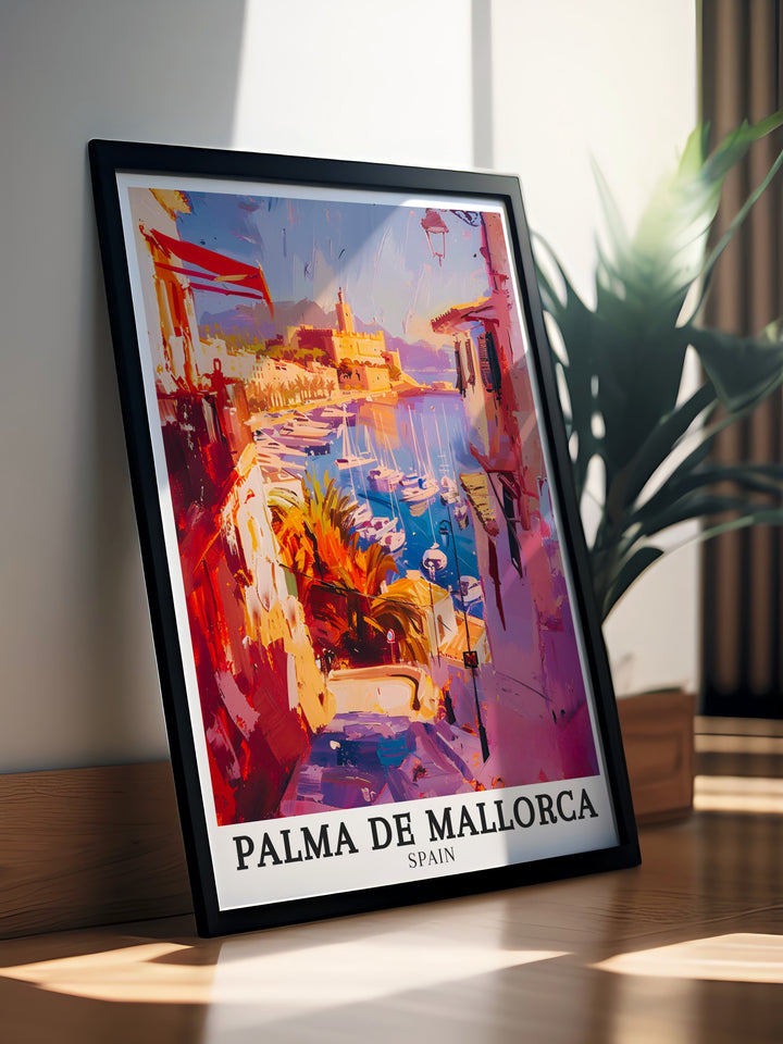 Captivating Palma de Mallorca art print depicting the vibrant Paseo Marítimo and the stunning Palma Bay. The print reflects the unique charm and scenic beauty of this coastal city, perfect for adding a touch of Spanish elegance to your home