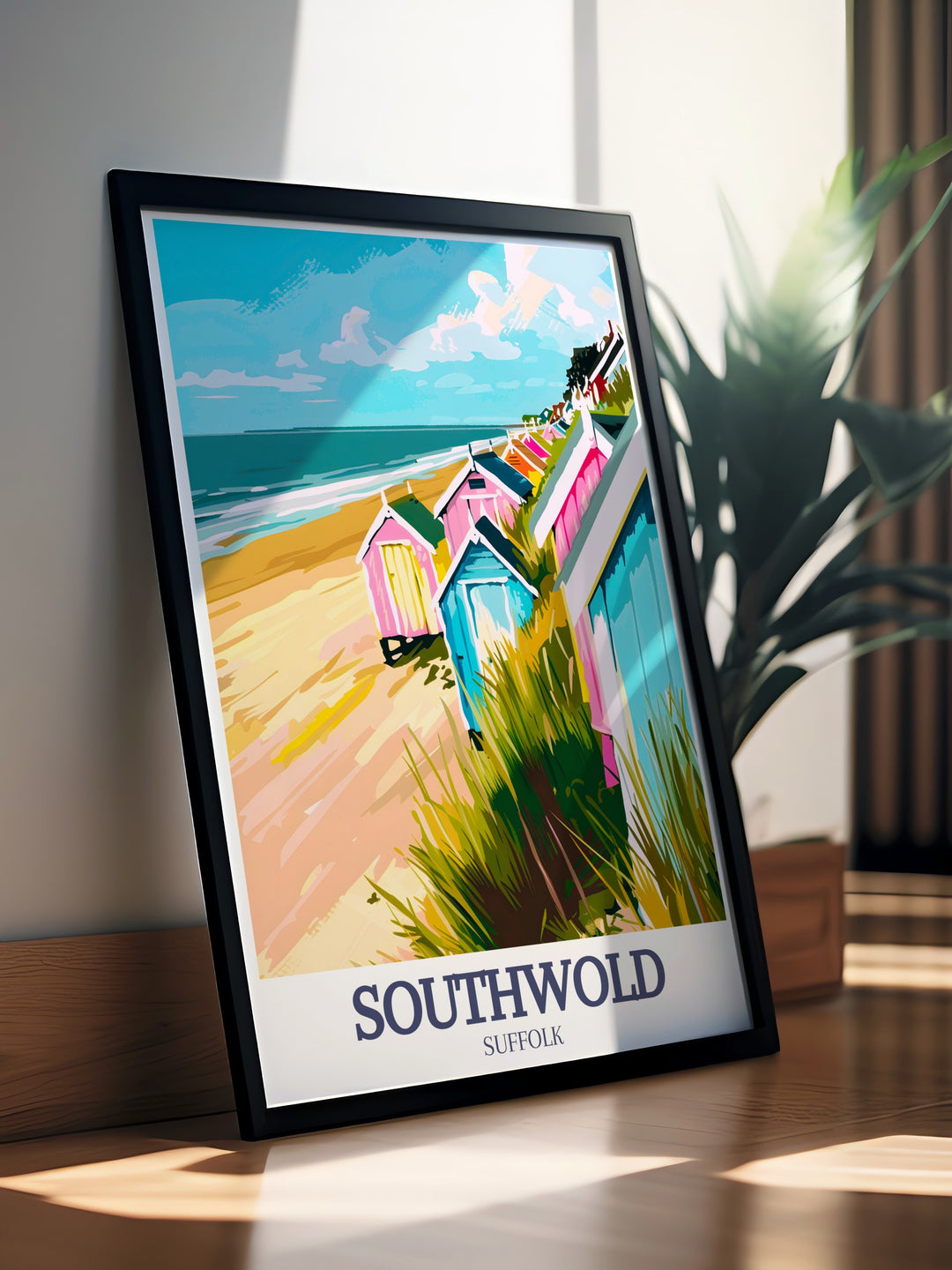 Beautiful Seaside Poster featuring Southwold Beach Huts against the backdrop of the North Sea Southwold beach. Perfect for retro and vintage decor enthusiasts. This print brings the tranquility of Southwold into your home.