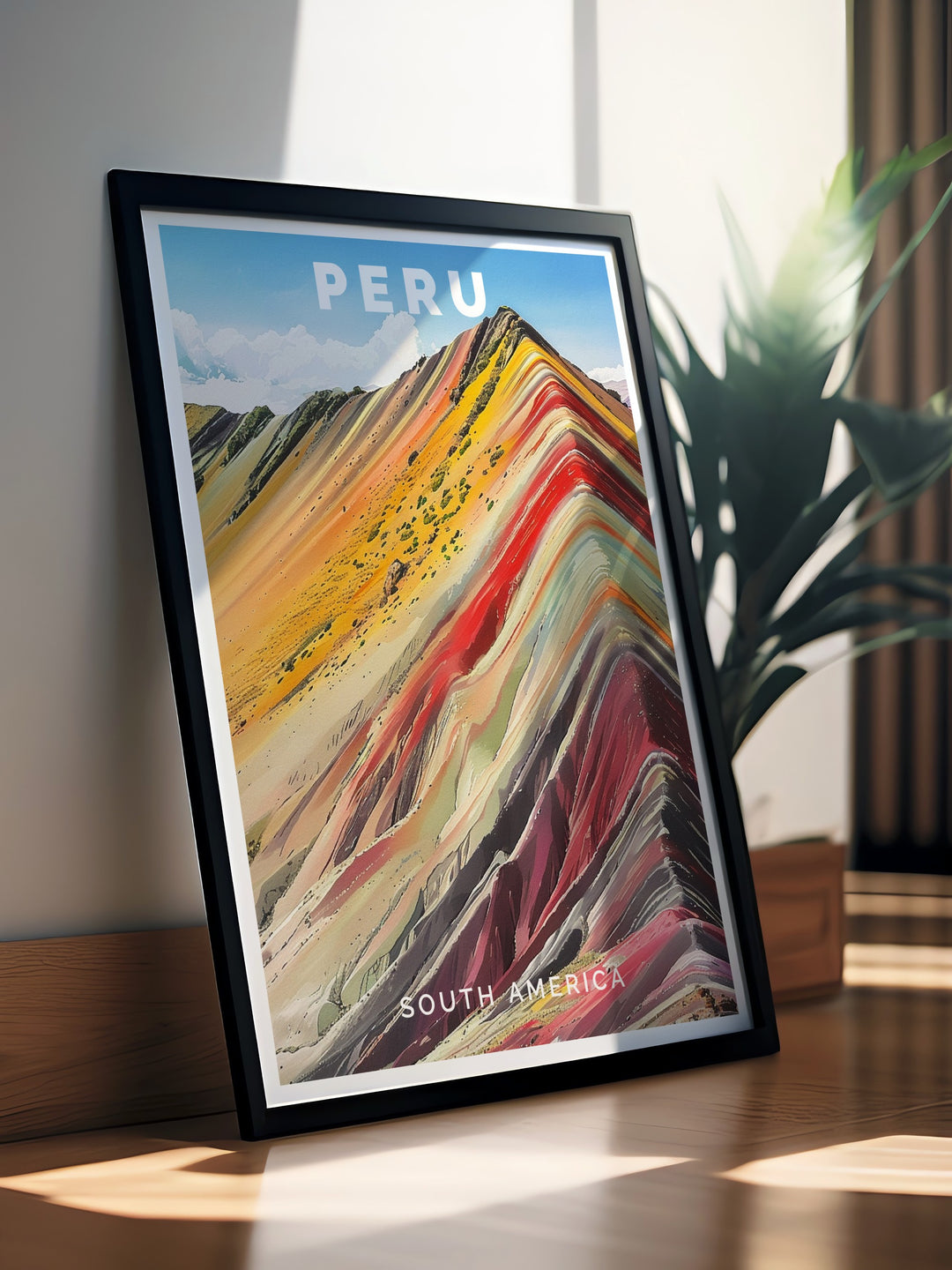 Rainbow Mountains poster print from Peru, featuring the multicolored layers of this geological wonder. Set against the backdrop of Limas modern skyline, this travel print offers a unique blend of natural beauty and urban energy, perfect for art lovers and travel enthusiasts.