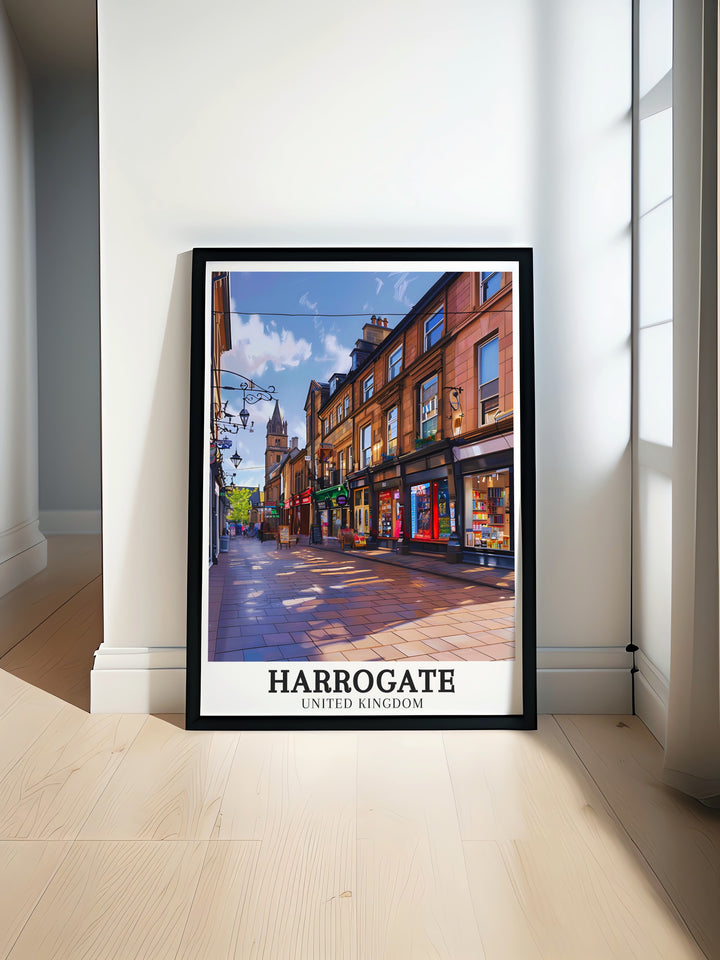 Stunning Harrogate Travel Poster featuring Parliament Street and Montpellier Quarter. This Yorkshire Art print is perfect for adding elegance to your living room decor and bringing a piece of Harrogates charm into your home.