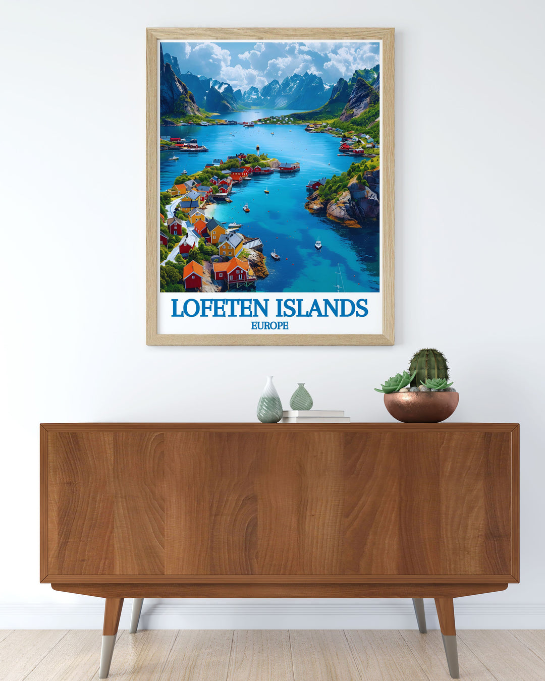 Travel poster of the Lofoten Islands, Norway, showcasing the regions breathtaking coastal scenery. The artwork captures the serene beauty of Henningsvær, the adventurous hiking trails, and the charming village atmosphere, inviting you to explore Norways coastal wonderland. The detailed illustration and vibrant colors make this travel poster a captivating piece of art.