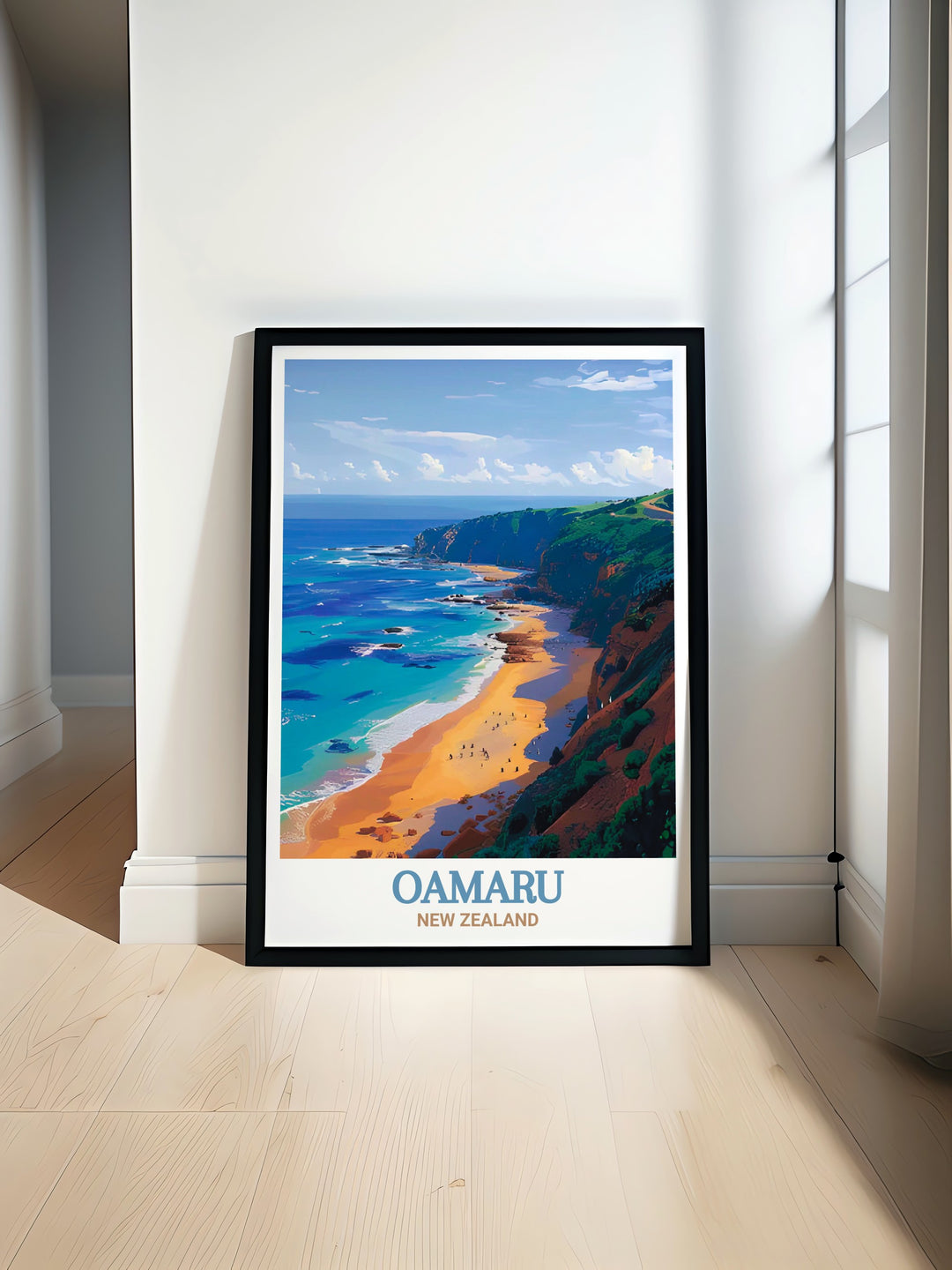 Oamaru Travel Poster featuring the iconic Bushy Beach, with its untouched natural landscape and resident wildlife. This travel poster is a tribute to New Zealands South Island, perfect for those who love to explore and admire the worlds natural beauty.