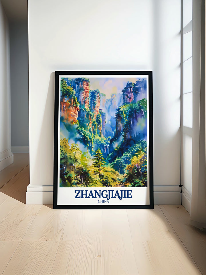 A custom travel print featuring the dramatic rock formations of Zhangjiajie Grand Canyon. The intricate details and vibrant colors make this artwork a perfect choice for nature lovers and adventure seekers. Bring a piece of Chinas natural beauty into your living space with this stunning poster.