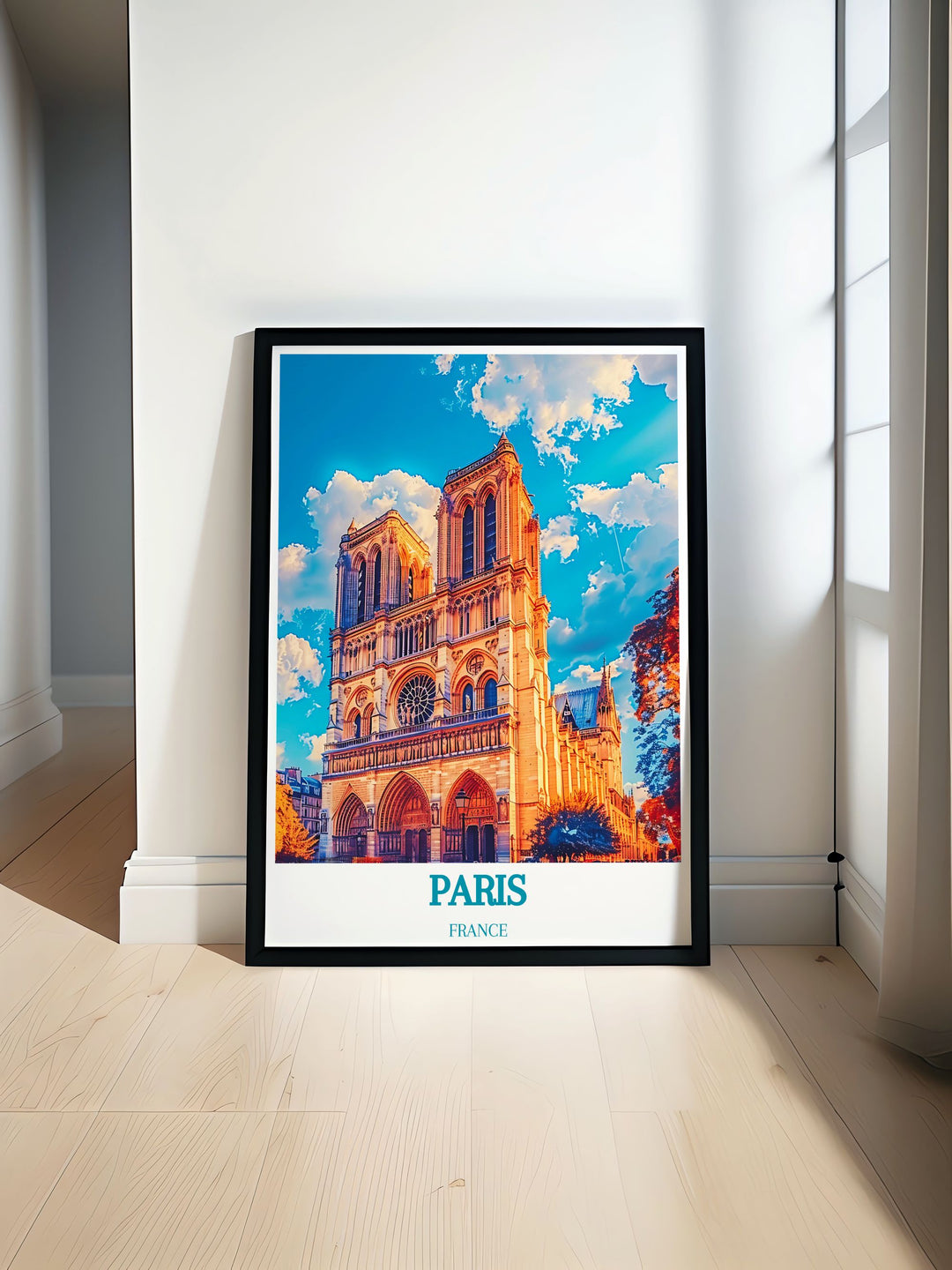 Colorful Paris Art Print featuring the iconic Notre Dame Cathedral. This vibrant Paris Wall Art adds elegance and charm to your home decor. Ideal for stylish living spaces or as a thoughtful gift.