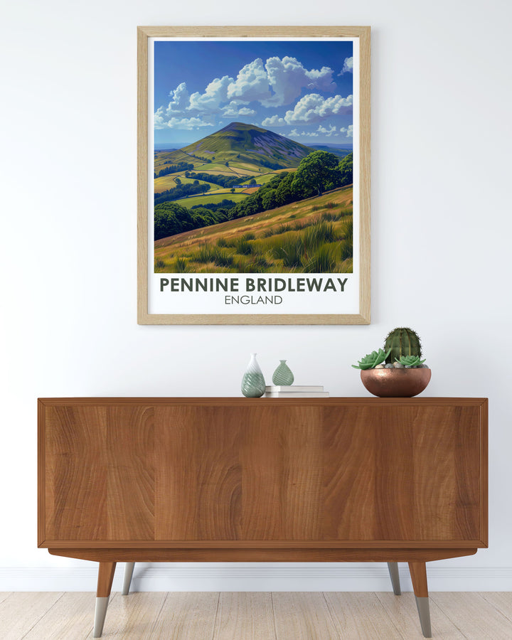 Add a touch of nature to your home with Pendle Hill elegant home decor. This national trail print features the lush greenery and rolling hills of Pendle Hill making it a perfect choice for anyone looking to enhance their living space with the beauty of the UKs countryside and historic hiking trails