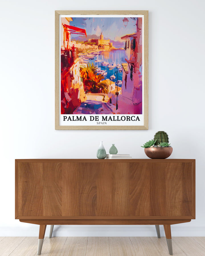 Striking Palma de Mallorca poster illustrating the dynamic contrast between the bustling Paseo Marítimo and the calm Palma Bay. The print celebrates the vibrant life and natural beauty of Palma, making it an excellent piece for any travel art collection