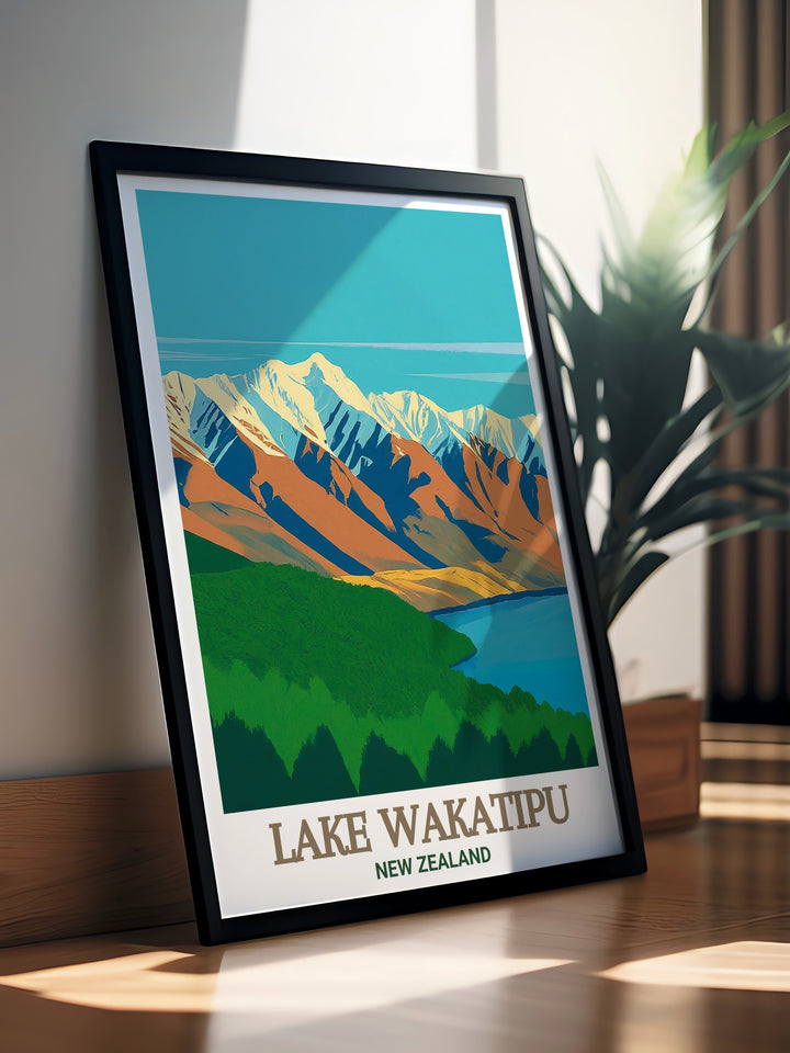 This Lake Wakatipu travel print captures the beauty of New Zealands stunning lake and The Remarkables mountain range. Perfect for adding nature inspired décor to your home, this poster brings the serene waters and rugged peaks of New Zealand into any space.