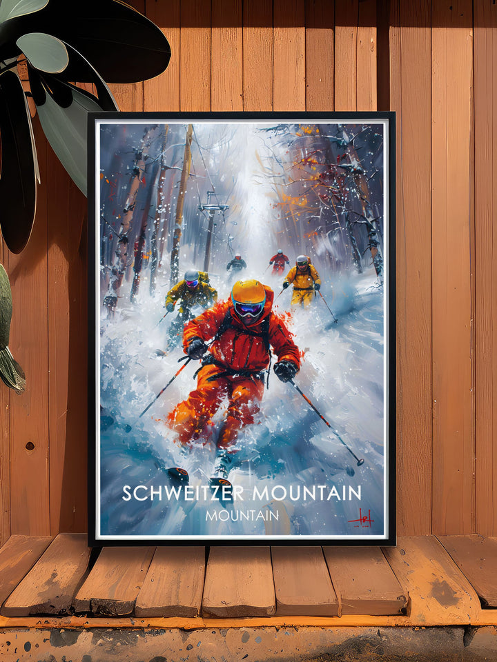 Combining adventure and relaxation, this travel poster of Schweitzer Village and Lake Pend Oreille celebrates the beauty of Idahos premier ski resort. The vibrant ski village set against the dramatic backdrop of the lake and mountains brings the charm of Idaho into any room.