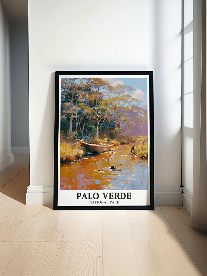 Palo Verde National Park art print featuring Tempisque River and Verde Boat this stunning Costa Rica wall art brings the natural beauty of the river and surrounding landscapes into your home perfect for nature lovers and travel enthusiasts.