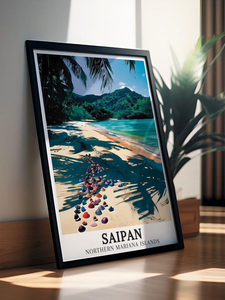 Pacific Ocean travel wall decor pieces capturing the enchanting scenery of Saipans Micro Beach and Garapan. Perfect for those who love Pacific travel, these wall decorations add a touch of natures beauty to any room. Enjoy the vivid colors and delicate details of the Pacific Ocean through our high quality travel wall art.