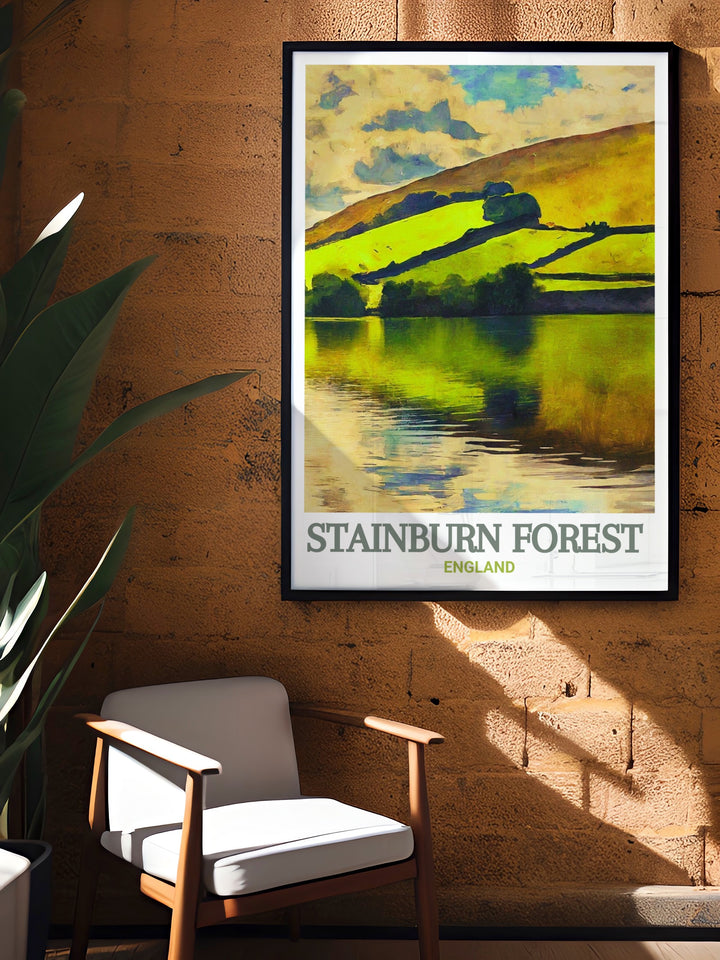 Stunning Fewston Reservoir Mountain Biking wall art highlights the thrill of Yorkshire MTB trails at Stainburn Forest. This cycling themed print adds energy and adventure to your living room, perfect for any mountain biking or cycling decor lover.