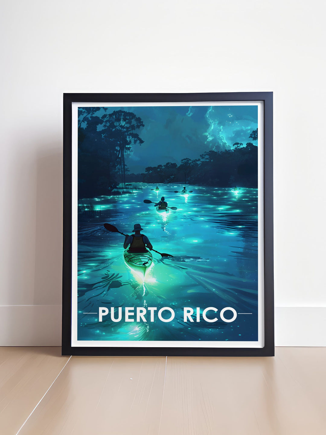 Arecibo photography and painting highlighting the Bioluminescent Lakes. This travel poster brings the magic of Arecibos natural beauty into your home, perfect for personalized gifts and adding a touch of Puerto Rican charm to any space.