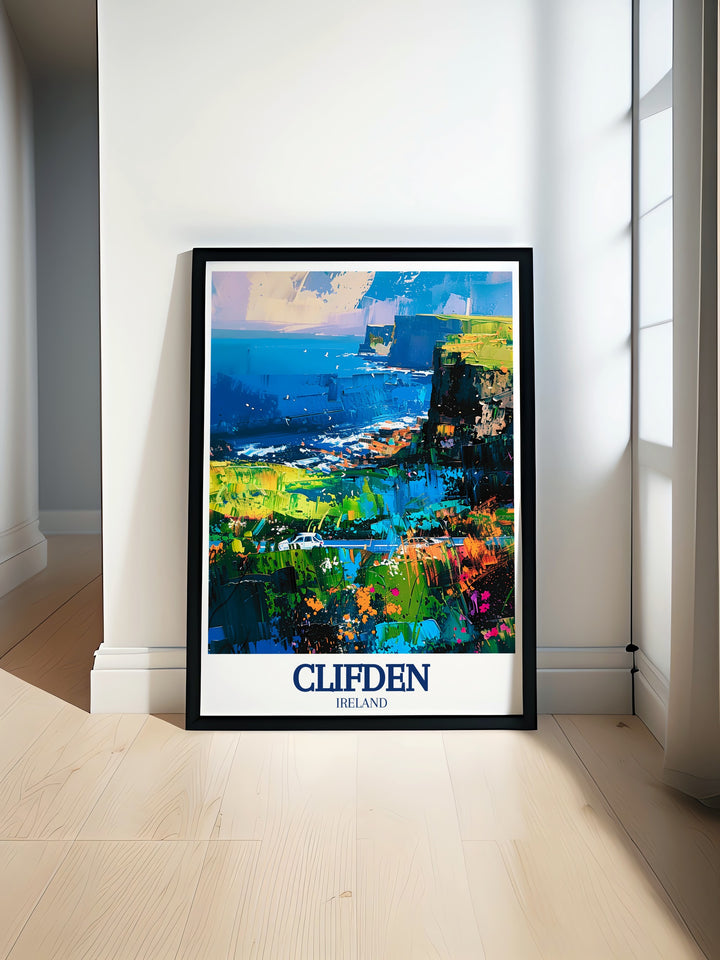 Artistic print of Clifden Bay and the Wild Atlantic Way, Ireland, highlighting the peaceful and scenic environment of this coastal town. A beautiful way to celebrate Irelands natural wonders.