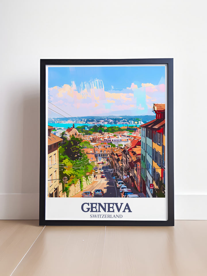 Lausanne Wall Print featuring the vibrant streets and stunning views of this iconic Swiss town, perfect for anyone who wants to bring a little bit of Switzerland into their home.