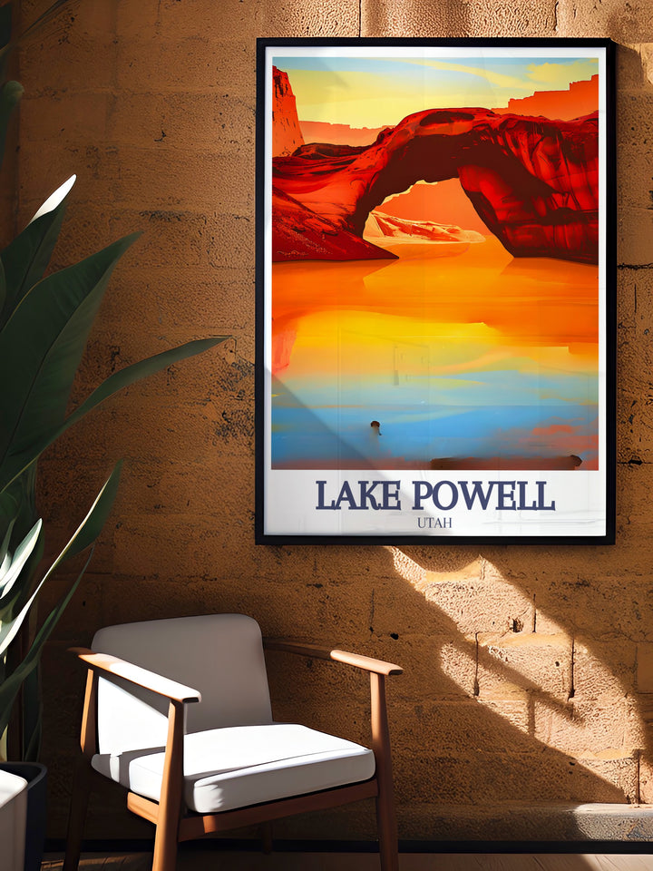 Celebrate the natural beauty of Lake Powell with this travel print featuring Rainbow Bridge and Glen Canyon. Ideal for those who love exploring the outdoors, this art print makes a great gift or a stunning addition to any home décor collection.