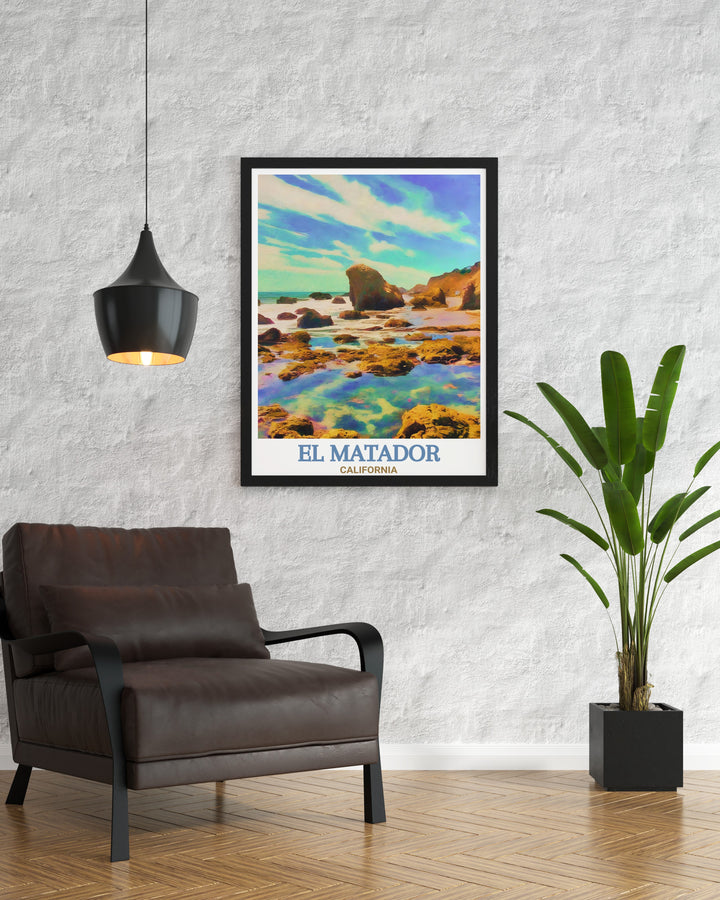 Tide Pools Print captures the serene atmosphere of Californias tide pools at El Matador Beach, making it an ideal piece of decor for beach lovers and those who enjoy the natural beauty of the Pacific Coast.