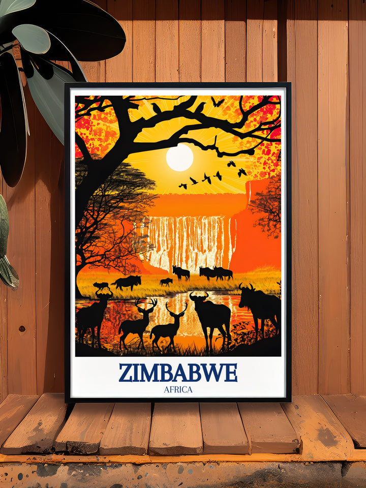 A detailed Zimbabwe travel poster showcasing the magnificent Victoria Falls and the sprawling wilderness of Hwange National Park. This artwork is a beautiful representation of the countrys rich natural heritage, ideal for any art collection.