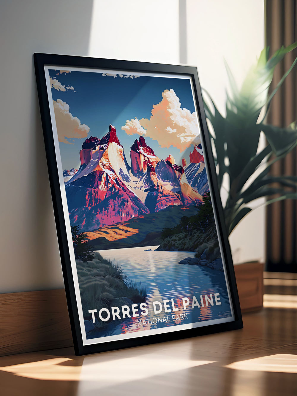Cuernos del Paine artwork highlighting the beauty of Torres del Paine National Park in Patagonia Chile ideal for enhancing any living space. This framed print is a captivating representation of Chiles natural wonders, featuring vibrant colors and intricate details.