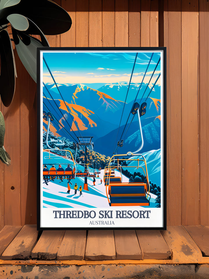 Thredbo Ski Resort framed art showcases the Kosciuszko Express Chairlift and the charm of Thredbo Village. This travel print, perfect for home décor, celebrates one of New South Wales most famous ski resorts and its breathtaking alpine beauty.