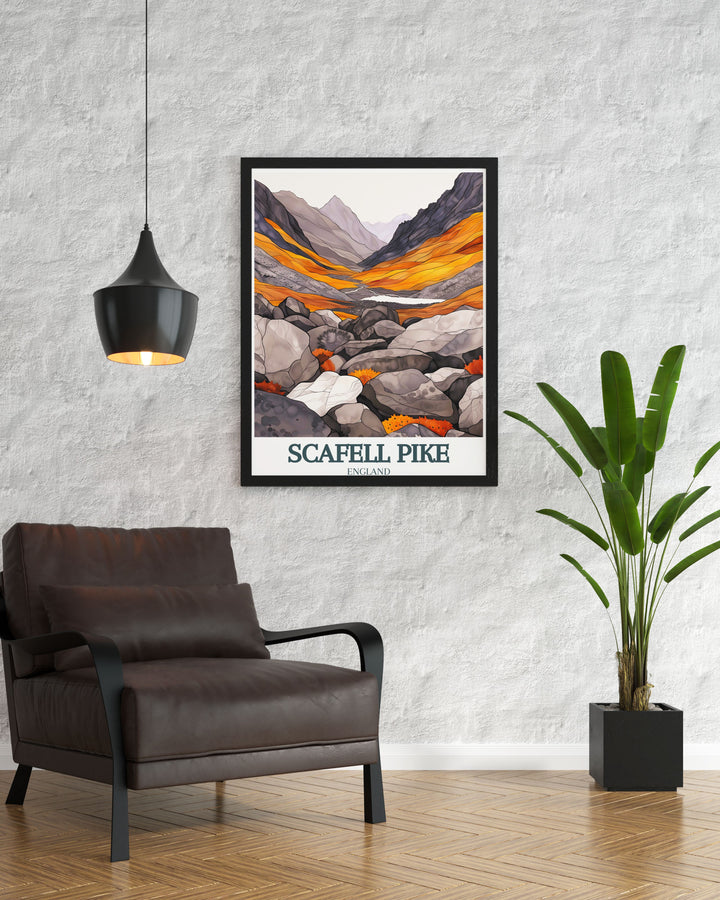 Stunning Scafell Pike travel poster highlighting the rugged charm of Englands Lake District National Park perfect for hikers and outdoor enthusiasts who want to add a touch of mountain inspired decor to their living space with a beautiful Lake District travel print.