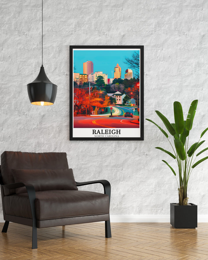 Beautiful Raleigh travel art depicting the iconic skyline of Raleigh and the innovative environment of the Research Triangle. The print brings the energy and culture of North Carolinas capital and research hub into your living space, making it a timeless addition to any home decor