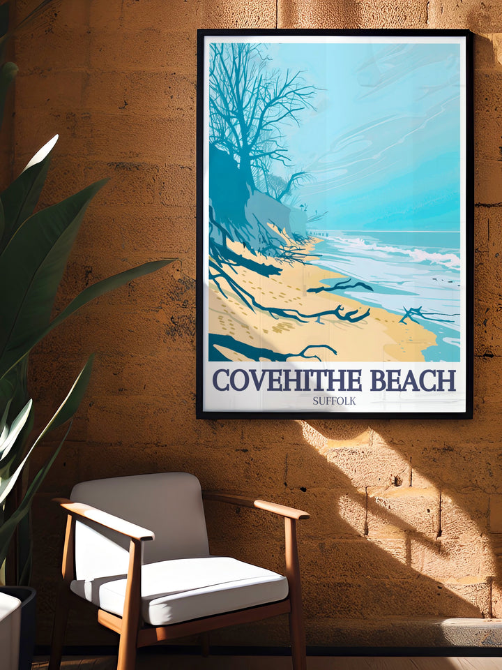 This Covehithe Beach art print offers a scenic view of the Suffolk coast, highlighting the tranquil beauty of its sandy shores and dramatic cliffs. A perfect addition to any room, this travel print celebrates the untouched charm of Englands coastline.