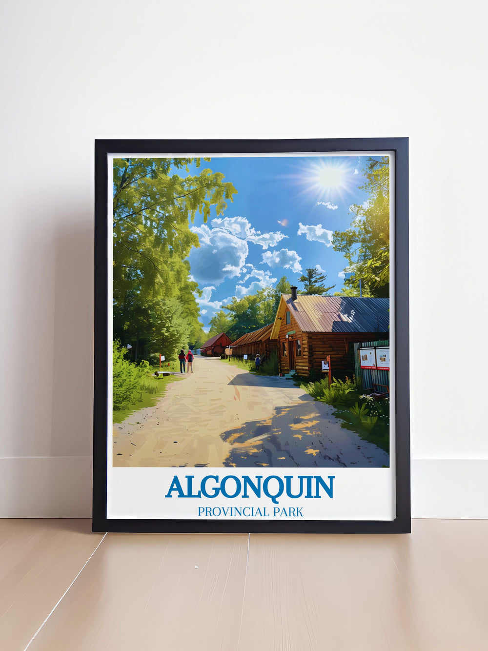 The Algonquin Logging Museum travel poster features a detailed illustration of the museum surrounded by the natural beauty of Algonquin Provincial Park, offering a glimpse into the rich history and stunning landscapes of Canada.