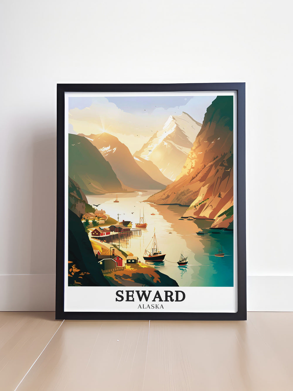 Vibrant Seward artwork capturing the awe inspiring Mount Marathon and the serene Resurrection Bay. The detailed print offers a glimpse into the heart of Alaskas natural beauty, perfect for adding a touch of wilderness to your home