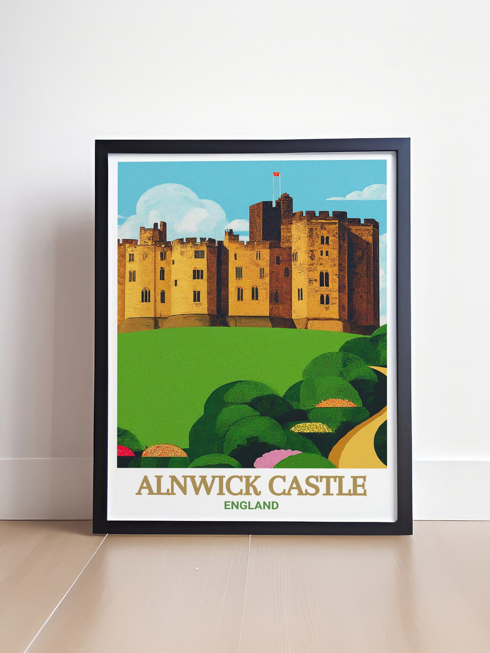 Northumberland Canvas Art featuring the majestic Alnwick Castle set against the backdrop of Englands rugged countryside. This travel poster beautifully encapsulates the essence of Northumberlands natural beauty and historical significance, making it an ideal piece for any history lovers collection