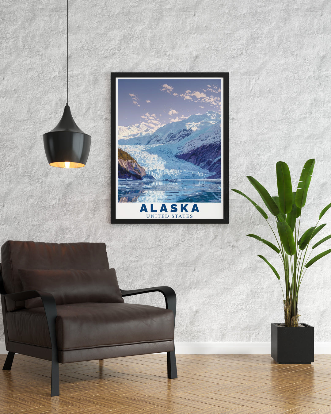 The Mendenhall Glacier print is an ode to Alaskas natural beauty, offering a serene yet striking representation of the glaciers grandeur. Perfect for adventurers or those who love the outdoors, this travel poster brings Alaskas wilderness into your living space.