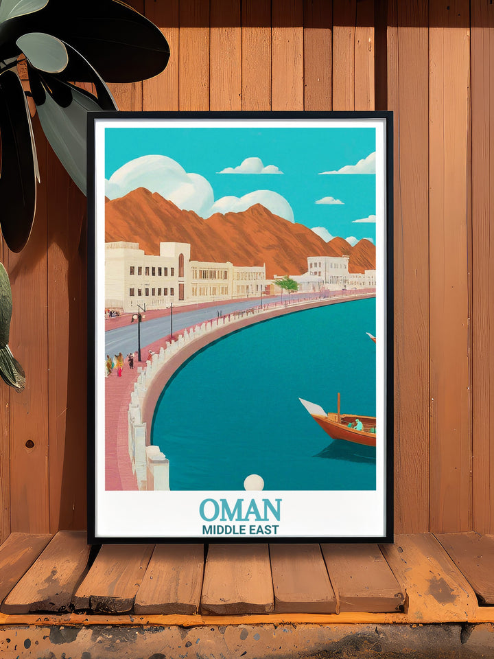 Bring the spirit of Omans Mutrah Corniche into your space with this travel art print. The vibrant colors and detailed design make this piece a must have for anyone who loves Middle Eastern landscapes and architecture.