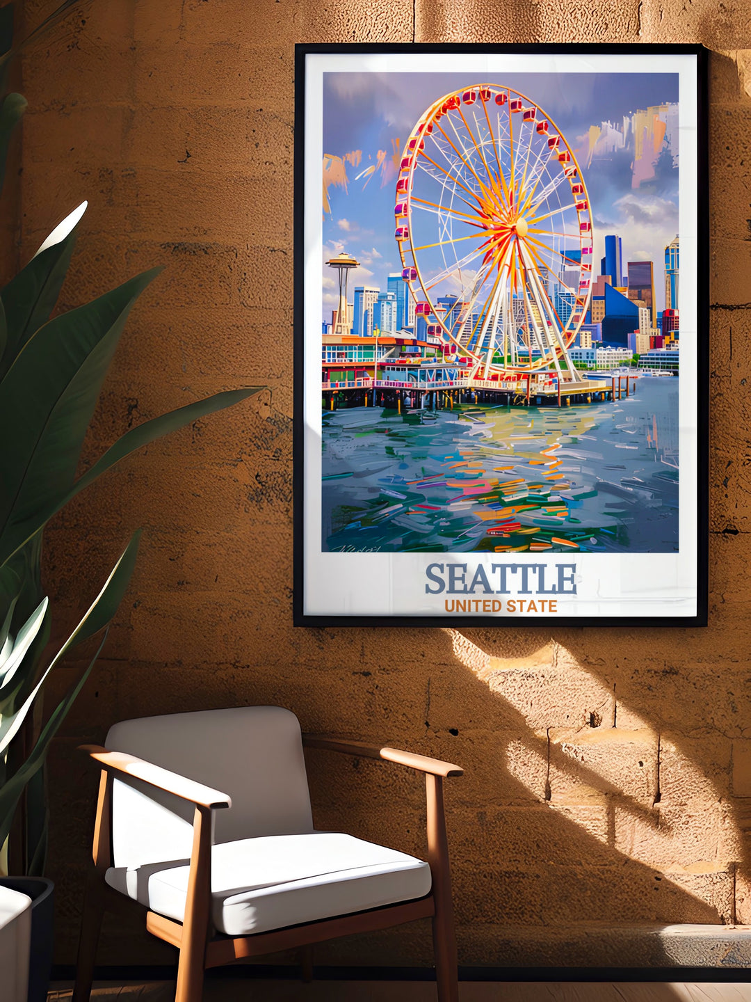 Seattles iconic Great Wheel is highlighted in this detailed wall art, perfect for adding a sense of the Pacific Northwest to your home or office. The poster captures the beauty of the citys waterfront scene.