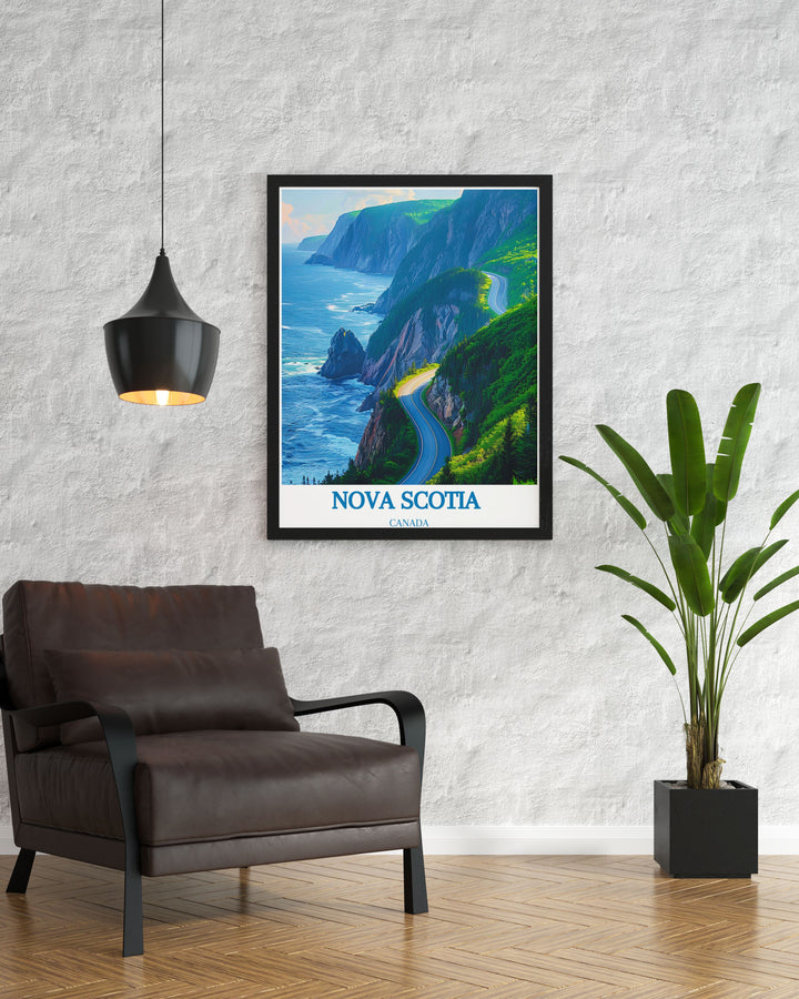 Cabot Trail artwork featuring vivid colors and a beautiful depiction of Nova Scotias coastlines. Ideal for adding a touch of Canadian charm to home living decor and as a gift for travelers.