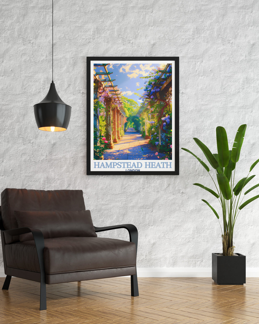 This art print showcases Hampstead Heath, along with the elegant architecture of Hampstead Pergola and the rich landscapes of Europe. A perfect addition to any wall art collection, bringing a touch of Londons natural charm into your living room.