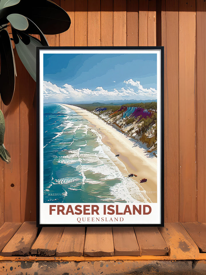 75 mile beach and Fraser Island Poster combine natural beauty with modern decor aesthetics. Perfect for any living room or office space this Australia Poster offers a tranquil view of Queenslands famous coastal island in a vintage travel art style.